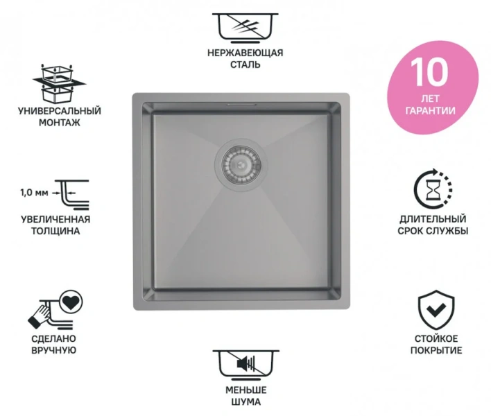 Мойка для кухни IDDIS Edifice 44 см графит EDI44G0i77 (детальная фотография), 45x45 см