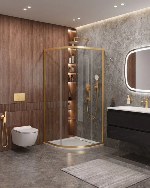 Душевой уголок Cezares Molveno 90х90 см стекло прозрачное профиль золото MOLVENO-R-1-90-C-BORO-IV (детальная фотография), золото