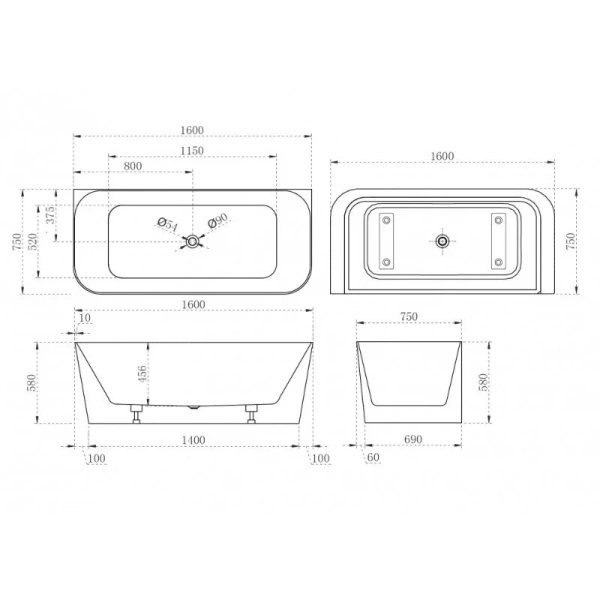 Ванна акриловая Abber 160x75 см белая AB9223-1.6 (детальная фотография), акриловые