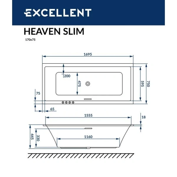 Ванна акриловая Excellent Heaven Slim 170 x 75 см, белый, WAEX.HEV17WHS (детальная фотография), приставные, встраиваемые
