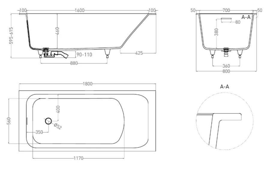 Ванна из искусственного камня Salini Orlando Kit 180x80 см S-Sense белая матовая 102112M (детальная фотография), литьевой мрамор