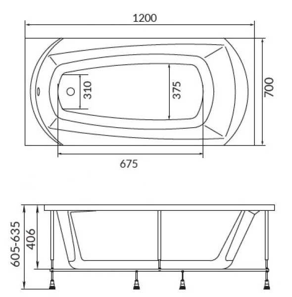 Ванна акриловая 1Marka Elegance 120х70 см прямоугольная 01эл1270 (детальная фотография), современныe, hi-tech