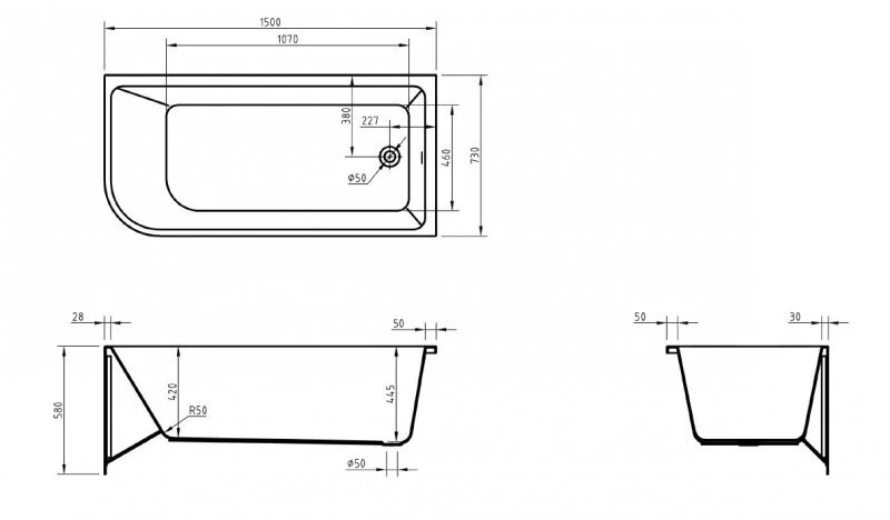 Ванна акриловая BelBagno 150x73 см приставная левосторонняя BB712-1500-730-L (детальная фотография), акриловые