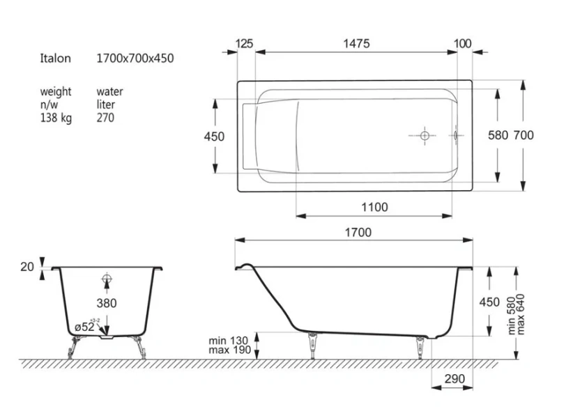 Чугунная ванна Vinsent Veron Italon VIT1707045, 170 x 70 см, цвет белый (детальная фотография), чугунные