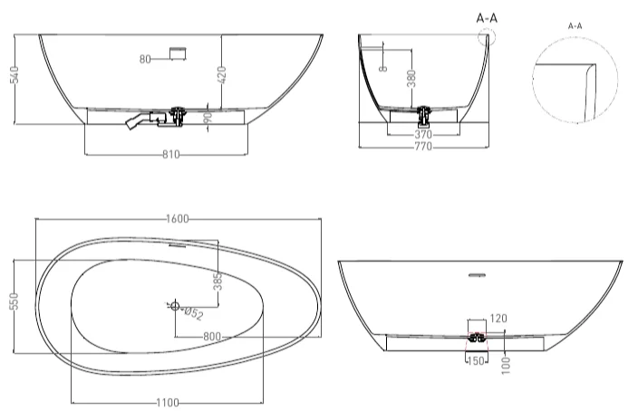 Ванна из искусственного камня Salini Paola Bassa 101611 160x77 см отдельностоящая (детальная фотография), литьевой мрамор