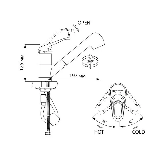 Смеситель для кухни Omoikiri Takayama-S с выдвижным изливом, хром OTA-CR-40 (детальная фотография), для кухни