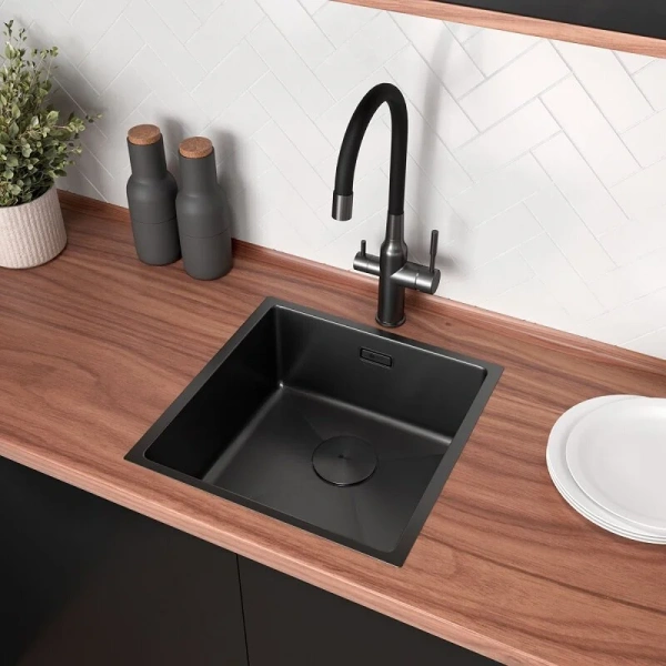Мойка для кухни Lemark Olanga 44 см чёрный матовый 9932124 (детальная фотография), из нержавеющей стали, стальные, металлические