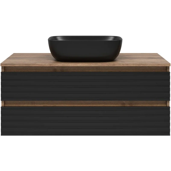 Тумба под раковину подвесная Brevita Dakota 100 см дуб галифакс олово, черный кварц DAK-09100-19/02-2Я (детальная фотография), современная, hi-tech