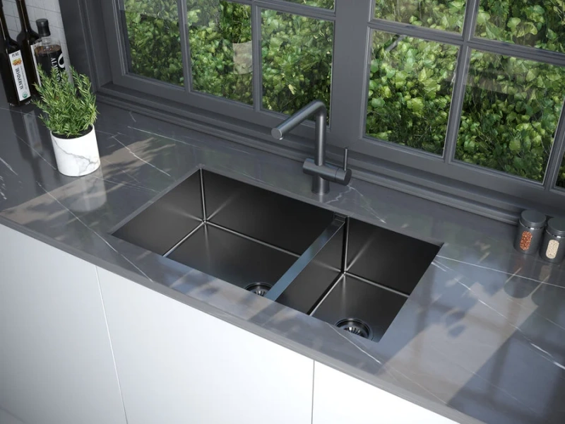 Мойка для кухни Paulmark Axel 78 см вороненая сталь PM227844-GM (детальная фотография), прямоугольной формы