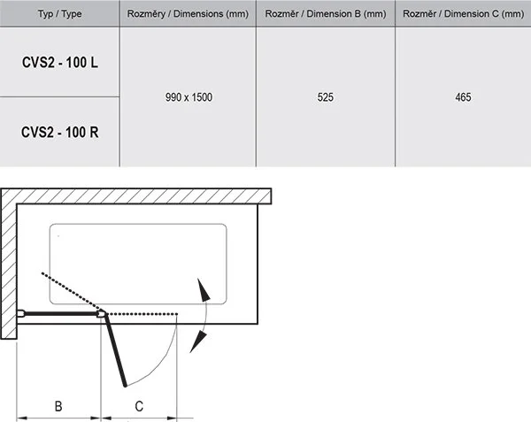 Шторка для ванны Ravak Chrome CVS2 100х150 см левая профиль блестящий 7QLA0C00Z1 (детальная фотография), стеклянные