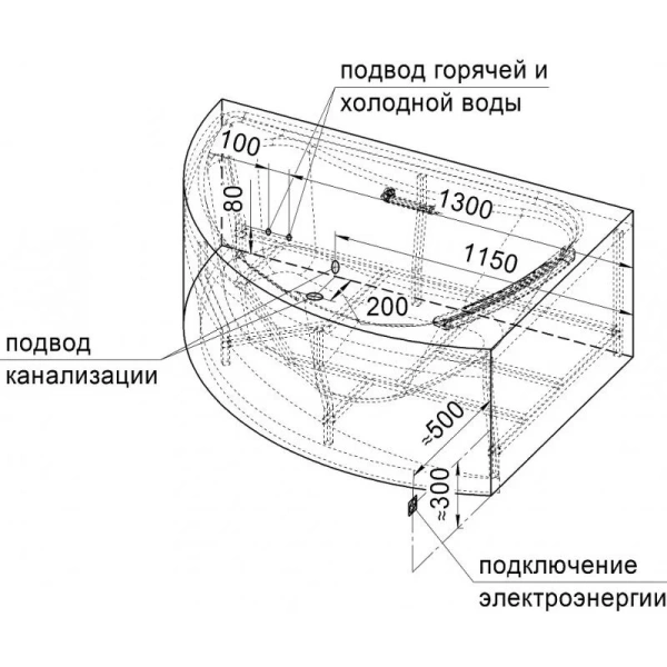 Акриловая ванна Радомир Альбена 1-01-3-1-1-015К, 168 x 120 см, левая, каркас, подголовник, фронтальный экран, сифон, слив-перелив автомат в комплекте, белая/золото (детальная фотография), современныe, hi-tech