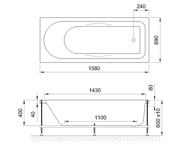 Акриловая ванна Royal Bath Tudor RB 407702 160 х 70 см RB407702 (детальная фотография), акриловые