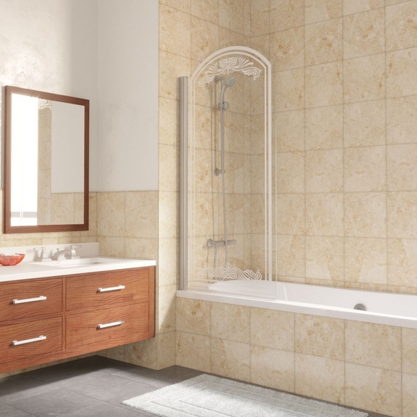 Душевая шторка на ванную профиль матовый хром стекло прозрачное рисунок матовый Vegas-glass EV arc 0075 07 B2 L (детальная фотография)