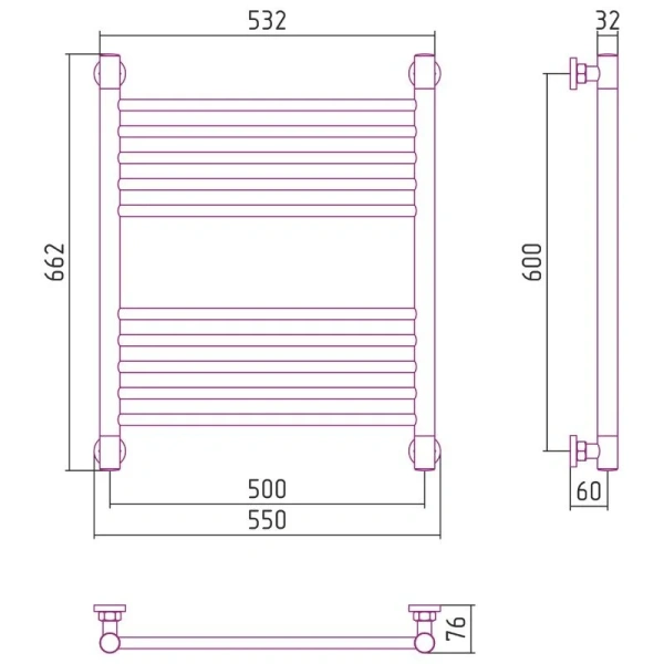 Полотенцесушитель водяной Сунержа Богема+ 50х60 см шампань 020-0220-6050 (детальная фотография), современные, hi-tech
