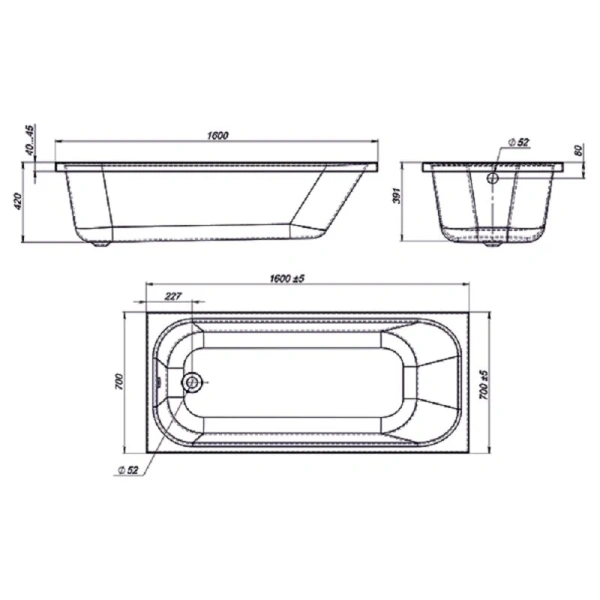 Ванна акриловая Viant Барселона VVABA16070 160 х 70 см, белая (детальная фотография), акриловые
