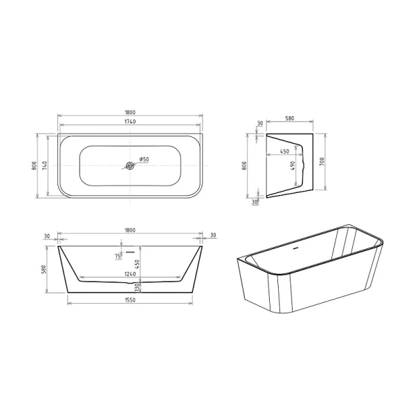Ванна акриловая Royal Bath Riva RB610400GD, 180 x 80 см, цвет белый (детальная фотография), акриловые