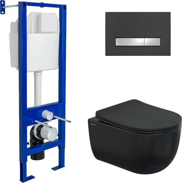 Унитаз с инсталляцией Berges Ventas Black черный, клавиша soft touch черный/хром глянец 043325 (детальная фотография)