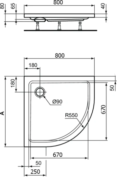 Душевой поддон Ideal Standard Hotline K2779 80x80 см угловой (детальная фотография), полукруглые, четверть круга