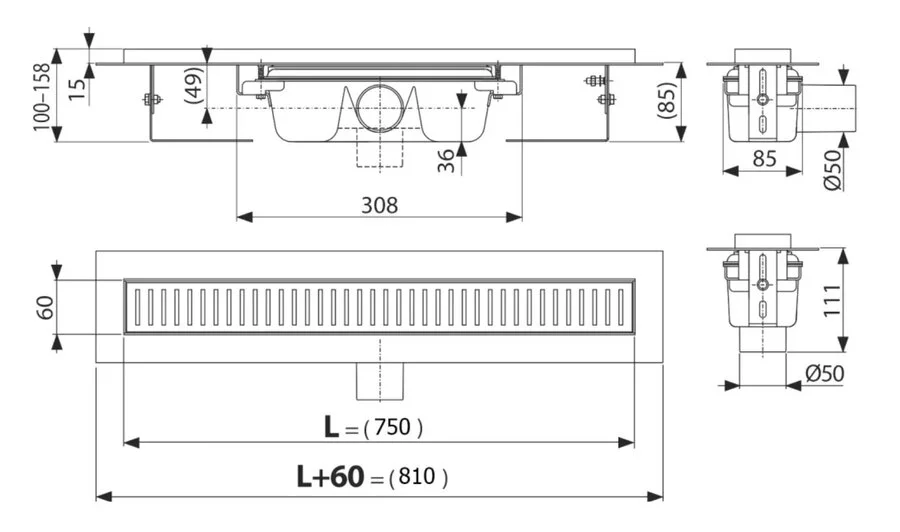 Душевой лоток Alcaplast APZ 75 см с перфорированной решеткой APZ1SMART-LINE-750 (детальная фотография), стандартные