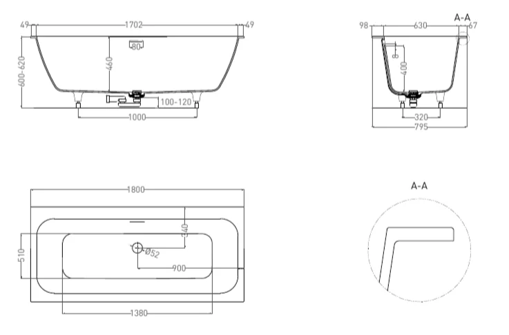 Ванна из искусственного камня Salini Orlanda Axis Kit 180x80 см встраиваемая 103322M (детальная фотография), искусственный камень