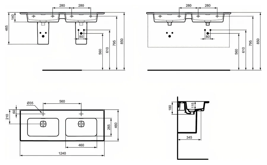Раковина Ideal Standard Strada II 124 см Vanity подвесная T363601 (детальная фотография), подвесные, пристенные