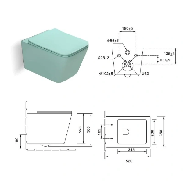 Унитаз подвесной SantiLine светло-зеленый SL-5007LG (детальная фотография), подвесные, встраиваемые