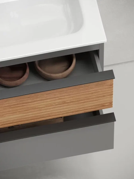 Тумба под раковину подвесная Sancos Delta 100 см левая дуб красный/графит DL100LGR (детальная фотография), комплект (набор)