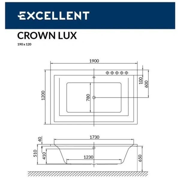 Ванна гидромассажная Excellent Crown Lux 190 x 120 см, NANO, хром, с системой хромотерапии 6Led, каркас в комплекте (выставочный образец) WAEX.CRO19.NANO.CR/HS.S-CH6-SJT (детальная фотография), современныe, hi-tech