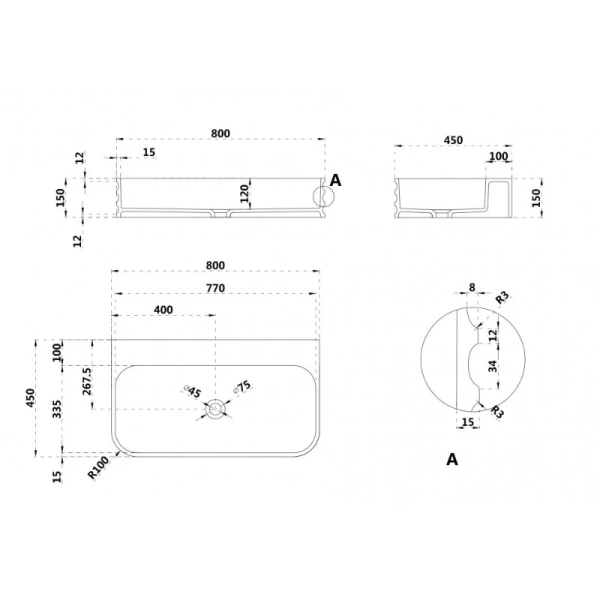 Раковина Abber Stein 80 см подвесная AS2651-0.8 (детальная фотография), современные, hi-tech