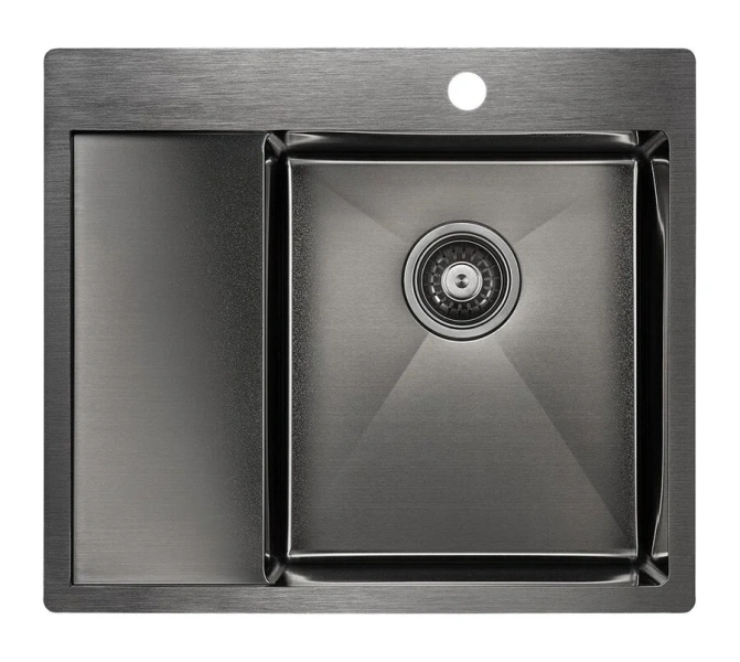 Мойка для кухни Paulmark Flank 59 см вороненая сталь, левосторонняя PM225951-GML (детальная фотография), 60 см