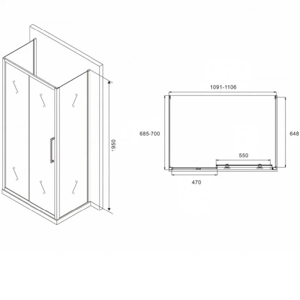 Душевой уголок Abber Schwarzer Diamant 110x70 см профиль хром, стекло прозрачное AG30110H-S70-S70 (детальная фотография), прямоугольные