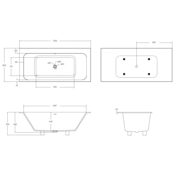 Ванна из искусственного камня Cezares Slider 170х80 см встраиваемая CZR-SLIDER-170-80-57-SSB (детальная фотография), искусственный камень