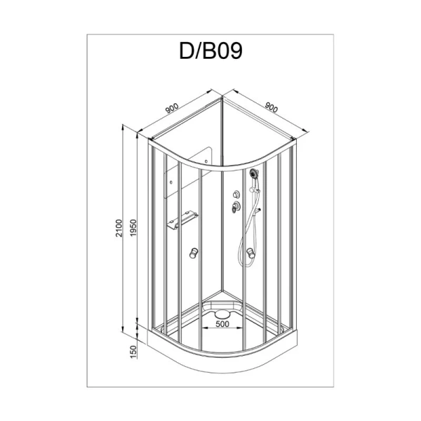 Душевая кабина Deto D 90х90 см без крыши D09 (детальная фотография), полукруглые, четверть круга