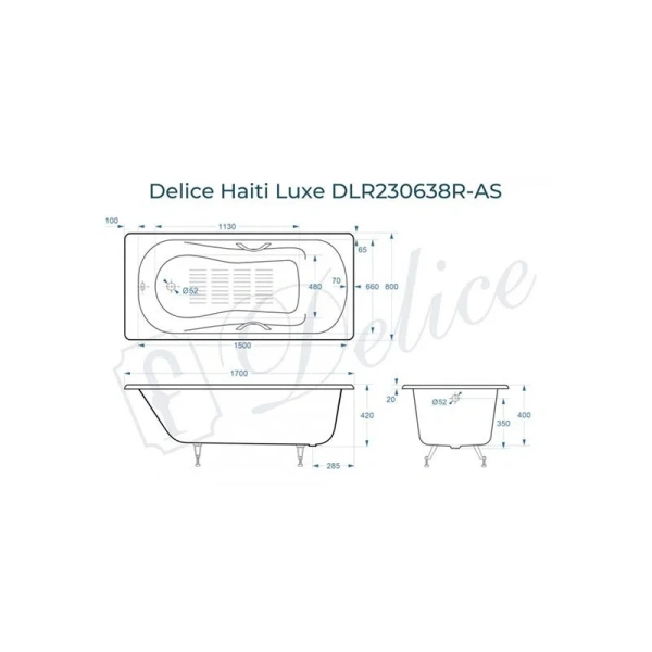 Ванна чугунная Delice Haiti Luxe 170х80 см с отверстиями под ручки и антискользящим покрытием DLR230638R-AS (детальная фотография), чугунные