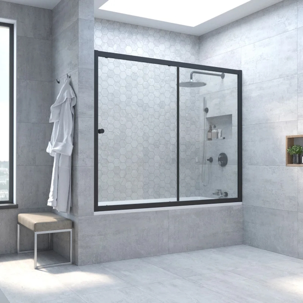 Душевая шторка на ванную профиль черный матовый стекло прозрачное Vegas-glass ZV NOVO 170 02М 01 (детальная фотография), 170 см