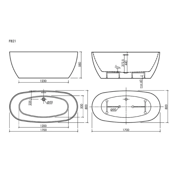 Aкриловая ванна Sancos Oval FB21 отдельностоящая, 170 х 80 см, белый (детальная фотография), акриловые