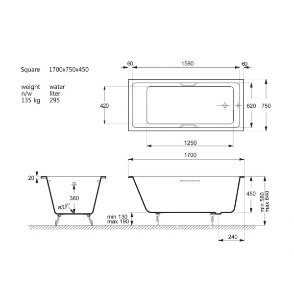 Чугунная ванна Vinsent Veron Square VSQ1707545H, 170 x 75 см, с отверстиями под ручки, цвет белый (детальная фотография), чугунные