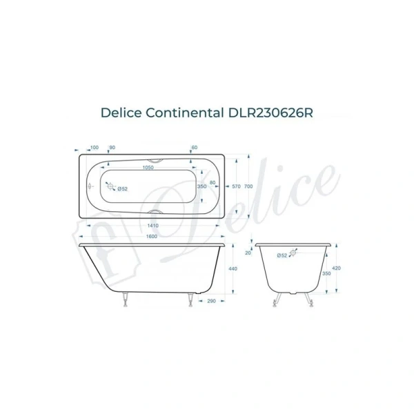 Ванна чугунная Delice Continental DLR230626R 160х70 см с ручками (детальная фотография), чугунные