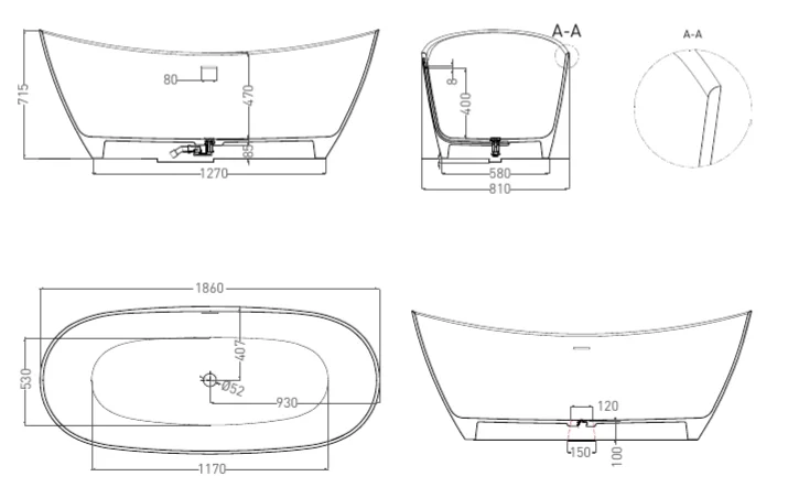 Ванна из искусственного камня Salini Noemi 185x80 см покраска по RAL полностью 101811GF (детальная фотография), искусственный камень
