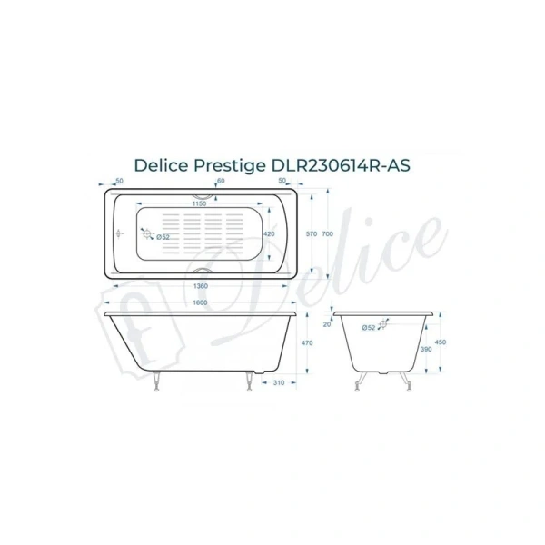 Ванна чугунная Delice Prestige DLR230614R 160x70 см с отверстиями под ручки (детальная фотография), чугунные