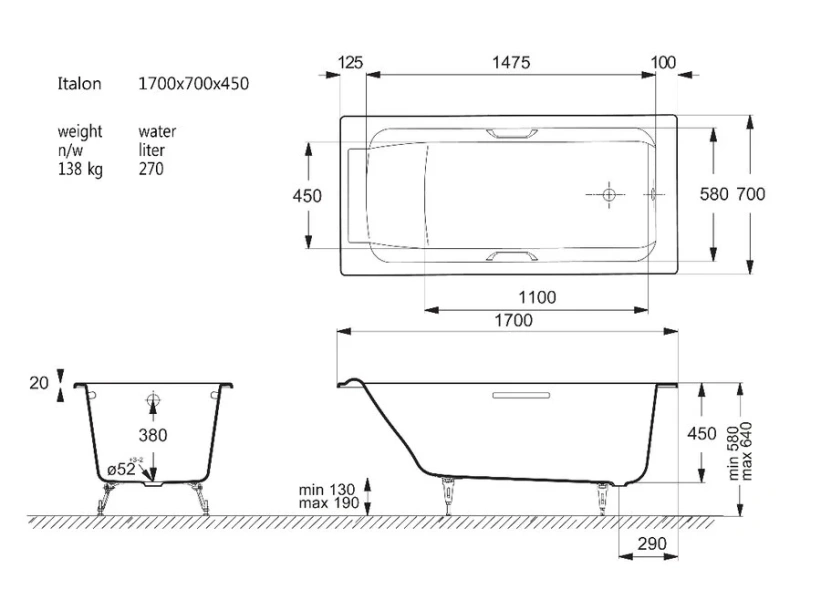 Чугунная ванна Vinsent Veron Italon VIT1707045H/VH0012BL, 170 x 70 см, ручки черные матовые, цвет белый (детальная фотография), чугунные