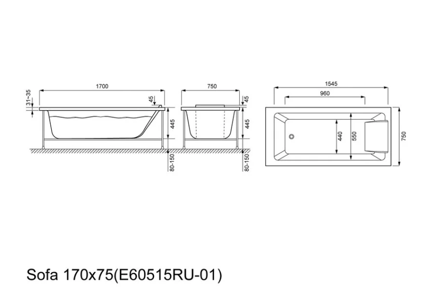 Ванна акриловая Jacob Delafon Sofa 170х75 см прямоугольная E60515RU-01 (детальная фотография), 170x75 см