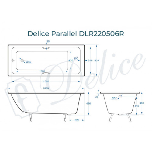 Ванна чугунная Delice Parallel 180x80 см белая DLR220506RB (детальная фотография), прямоугольные