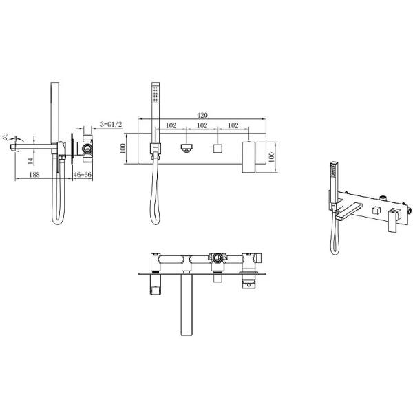 Смеситель для ванны Boheme Qubic черный матовый 474-2-B (детальная фотография), для ванны