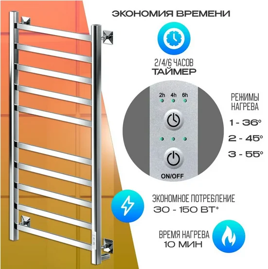 Полотенцесушитель электрический Ника Step 100х50 см хром STEP-1 100/50 U (детальная фотография), лесенка, вертикальные