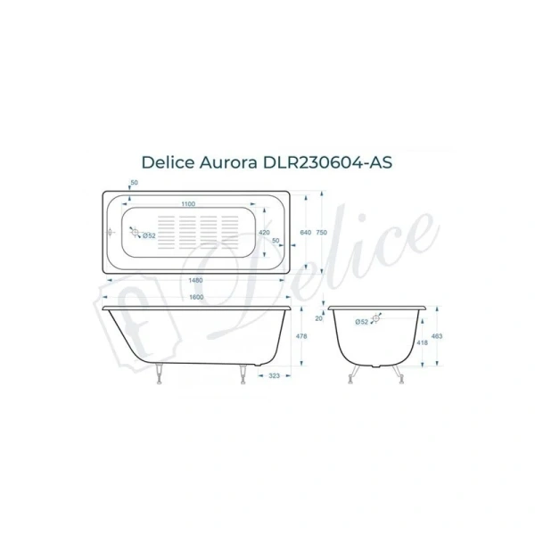 Ванна чугунная Delice Aurora DLR230604-AS 160x75 приставная (детальная фотография), чугунные