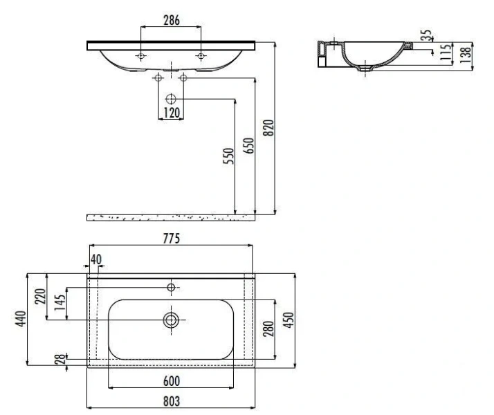Раковина Creavit Ideal 80 см белая ID080-00CB00E-0000 (детальная фотография), современные, hi-tech