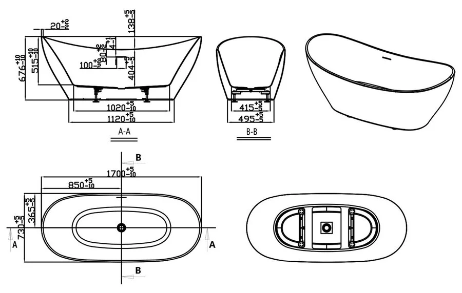 Ванна акриловая Creo Ceramique Tours TO5001, 170 x 73 см, белый (детальная фотография), акриловые