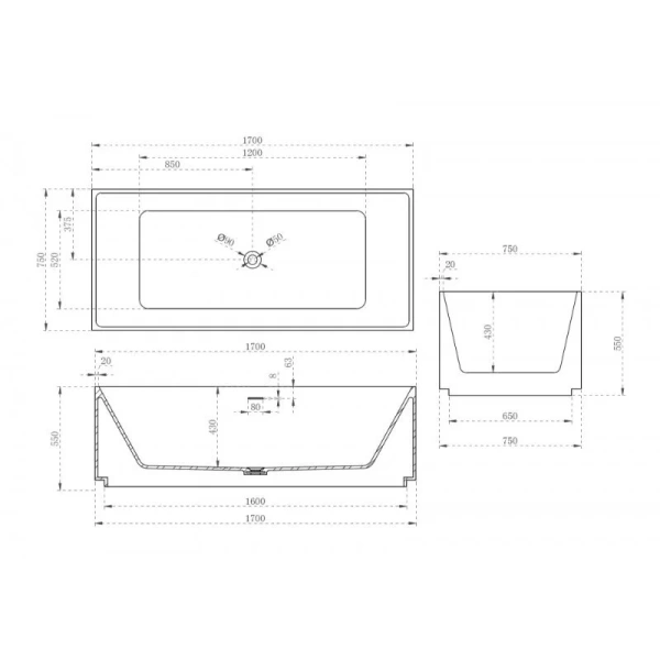 Ванна из искусственного камня Abber Stein 170x75 см белая AS9602 (детальная фотография), искусственный камень