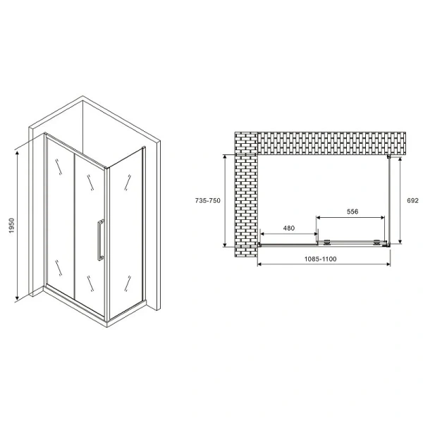 Душевой уголок Abber Schwarzer Diamant 110х75 см профиль хром, стекло прозрачное AG30110H-S75 (детальная фотография), прямоугольные